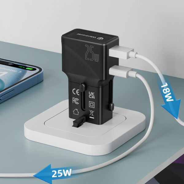 POWER ADAPTOR ? Compact 25W Mini Travel Charger with Dual USB-C & USB-A Ports, PD Quick Charge & QC3.0 Support