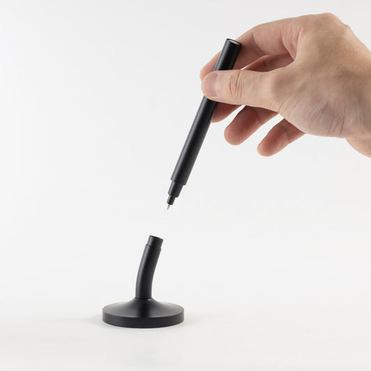 DESK MAGPEN ? Sleek Matte Black Aluminum Roller Pen with 0.7mm Blue Ink & Matching Stainless Steel Base