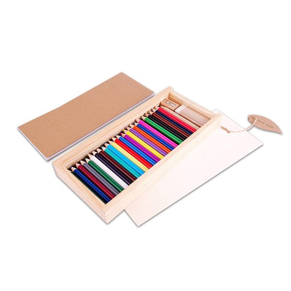 WOODEN CASE DRAWING SET – Complete Art Kit with 24 Color Pencils
