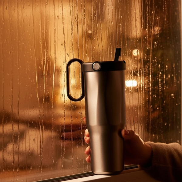 EXPLORER Powder Coating – Versatile 900ml Recycled Stainless Steel Mug with Straw