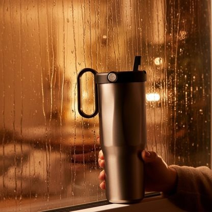 EXPLORER Powder Coating – Versatile 900ml Recycled Stainless Steel Mug with Straw