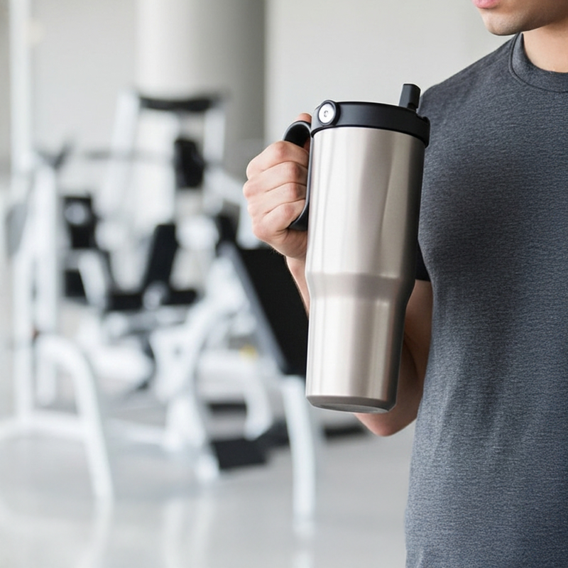 EXPLORER Powder Coating – Versatile 900ml Recycled Stainless Steel Mug with Straw