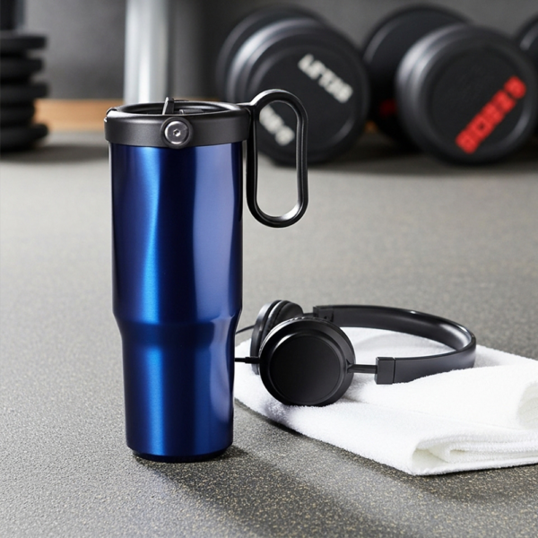 EXPLORER Powder Coating – Versatile 900ml Recycled Stainless Steel Mug with Straw