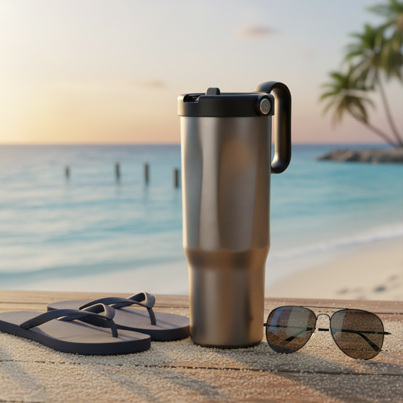 EXPLORER Powder Coating – Versatile 900ml Recycled Stainless Steel Mug with Straw