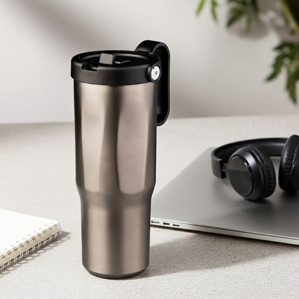 EXPLORER Powder Coating – Versatile 900ml Recycled Stainless Steel Mug with Straw