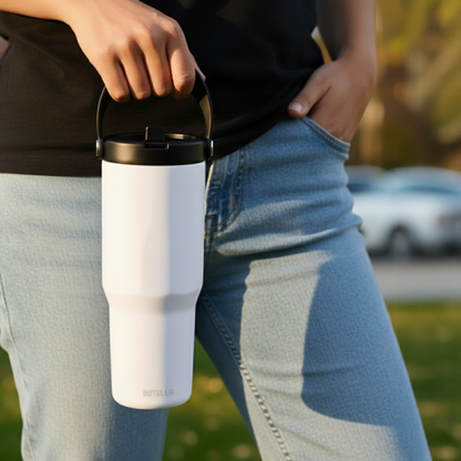 EXPLORER Powder Coating – Versatile 900ml Recycled Stainless Steel Mug with Straw