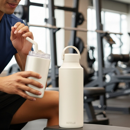 FLASKEE SET ? Premium Powder-Coated Double-Wall Stainless Steel Cups (600ml & 300ml) with Interchangeable Lids & Adjustable Straw