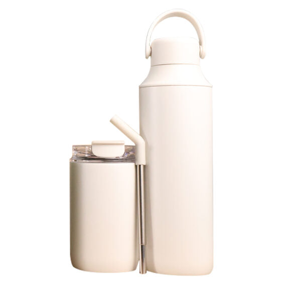 FLASKEE SET ? Premium Powder-Coated Double-Wall Stainless Steel Cups (600ml & 300ml) with Interchangeable Lids & Adjustable Straw