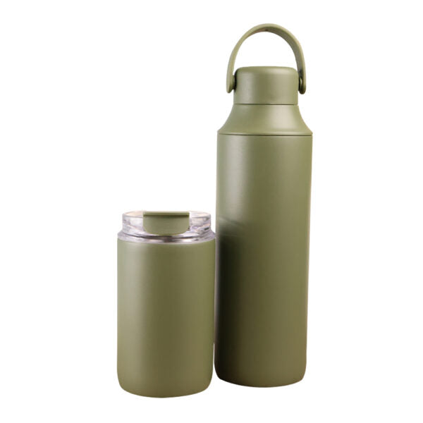 FLASKEE SET ? Premium Powder-Coated Double-Wall Stainless Steel Cups (600ml & 300ml) with Interchangeable Lids & Adjustable Straw