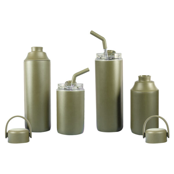 FLASKEE SET ? Premium Powder-Coated Double-Wall Stainless Steel Cups (600ml & 300ml) with Interchangeable Lids & Adjustable Straw