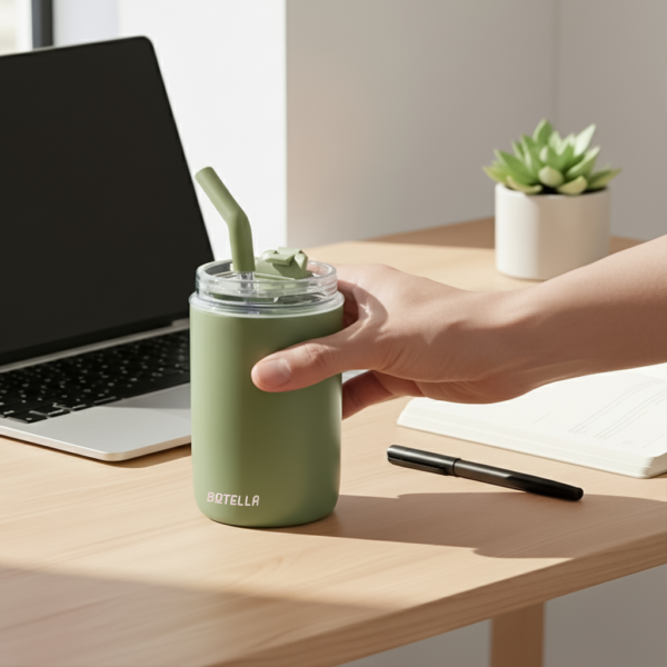 FLASKEE SET ? Premium Powder-Coated Double-Wall Stainless Steel Cups (600ml & 300ml) with Interchangeable Lids & Adjustable Straw