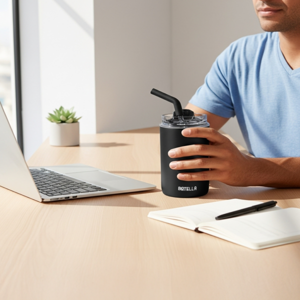 FLASKEE SET ? Premium Powder-Coated Double-Wall Stainless Steel Cups (600ml & 300ml) with Interchangeable Lids & Adjustable Straw