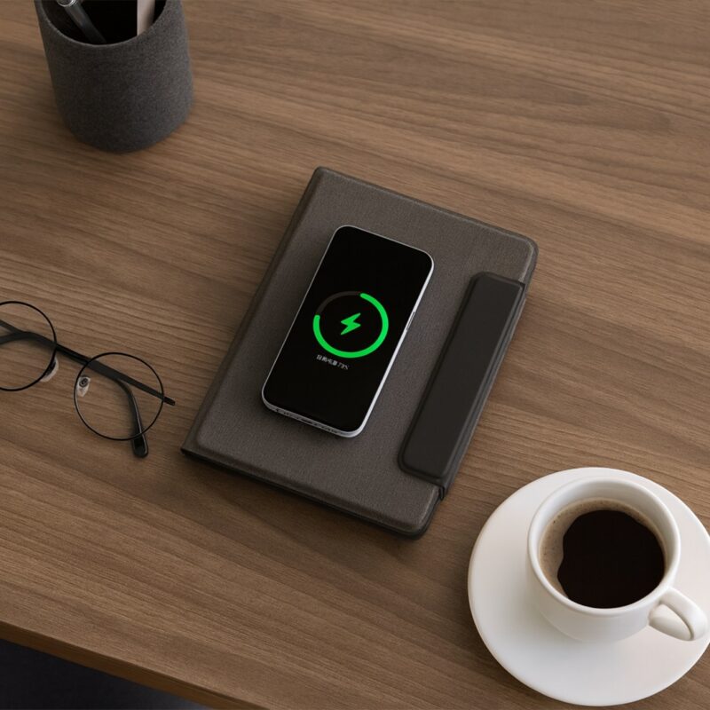 FLAPNOTE POWER – Elegant PU Notebook with 64 Sheets & Built-In 5000mAh Wireless Charging Power Bank for On-the-Go Productivity